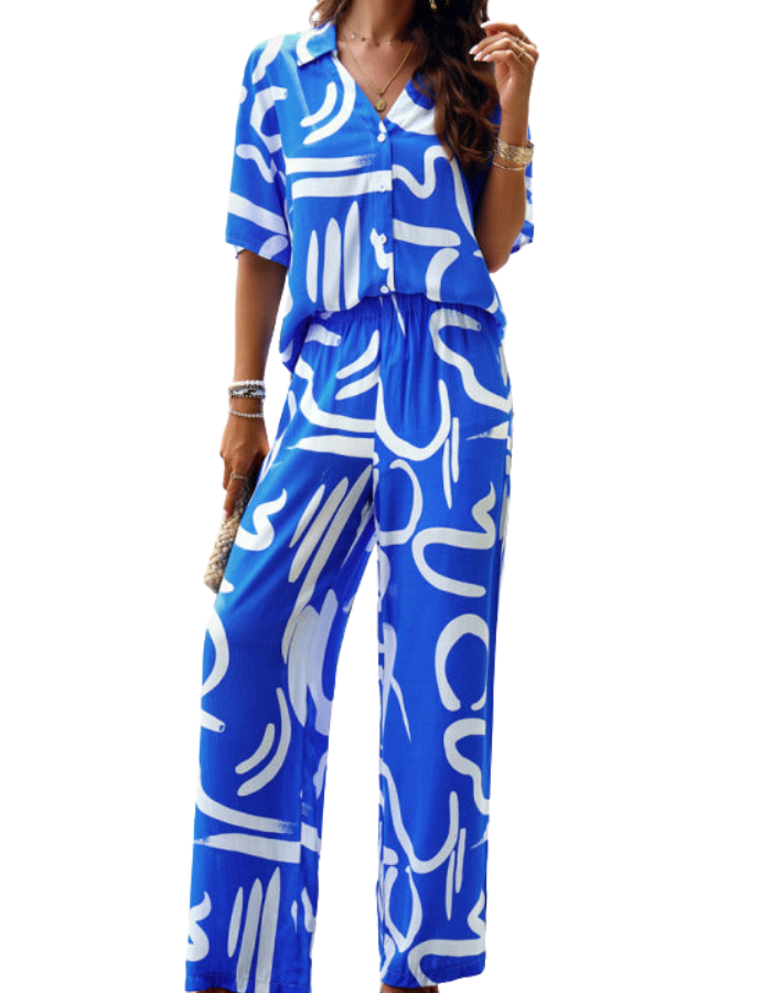 SHOPIQAT Elegant Printed Short-Sleeved Trousers Two-Piece Suit - Premium from shopiqat - Just $12.750! Shop now at shopiqat